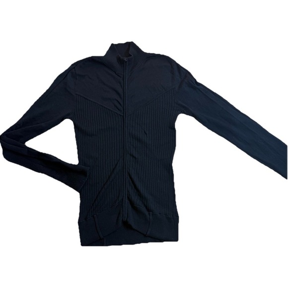 BCBG Maxazria WMNS Small Black Silk Full Zip Sweater Mock Turtleneck Preppy Moto - Picture 2 of 7